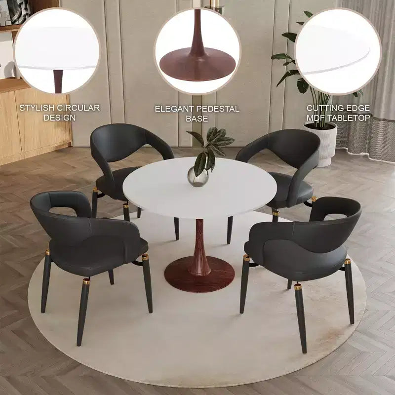 LeisureMod Bristol 35 Table de salle à manger ronde moderne Plateau en MDF durable et base en acier noyer à transfert de bois pour cuisine, salle à manger ou cafés