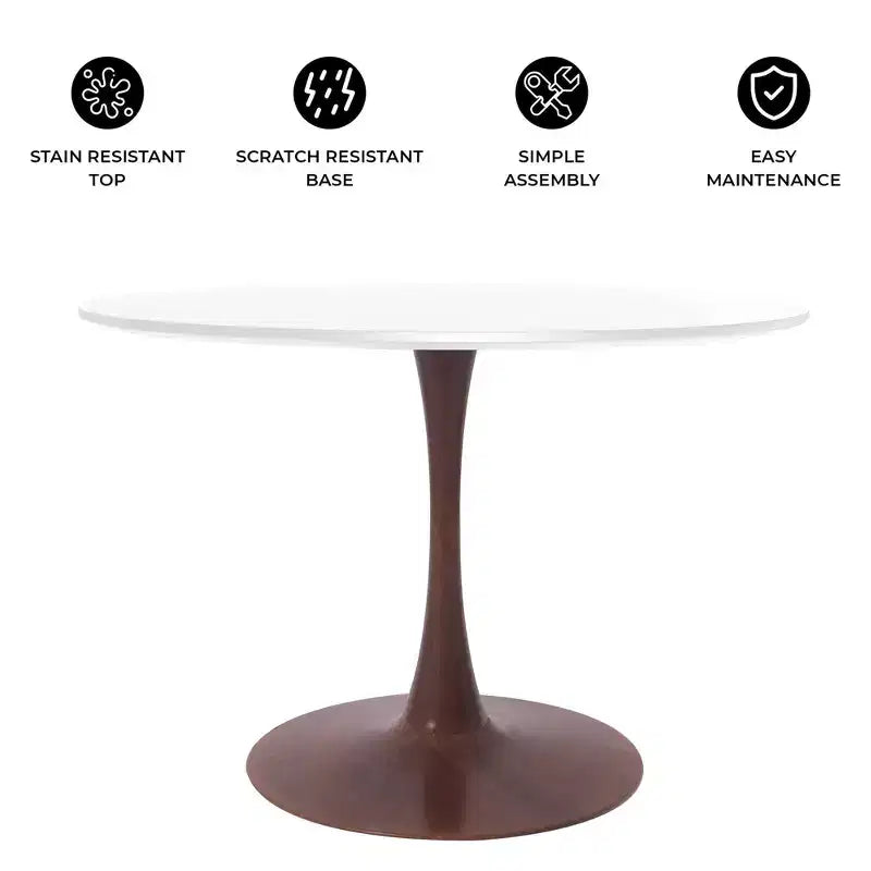 LeisureMod Bristol 35 Table de salle à manger ronde moderne Plateau en MDF durable et base en acier noyer à transfert de bois pour cuisine, salle à manger ou cafés