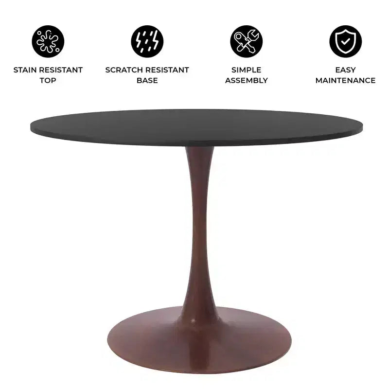 LeisureMod Bristol 35 Table de salle à manger ronde moderne Plateau en MDF durable et base en acier noyer à transfert de bois pour cuisine, salle à manger ou cafés