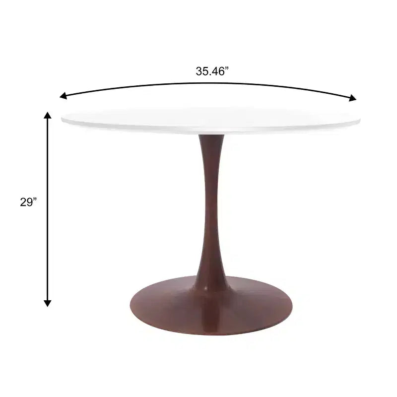 LeisureMod Bristol 35 Table de salle à manger ronde moderne Plateau en MDF durable et base en acier noyer à transfert de bois pour cuisine, salle à manger ou cafés