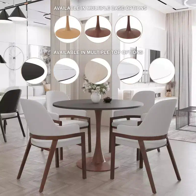 LeisureMod Bristol 35 Table de salle à manger ronde moderne Plateau en MDF durable et base en acier noyer à transfert de bois pour cuisine, salle à manger ou cafés