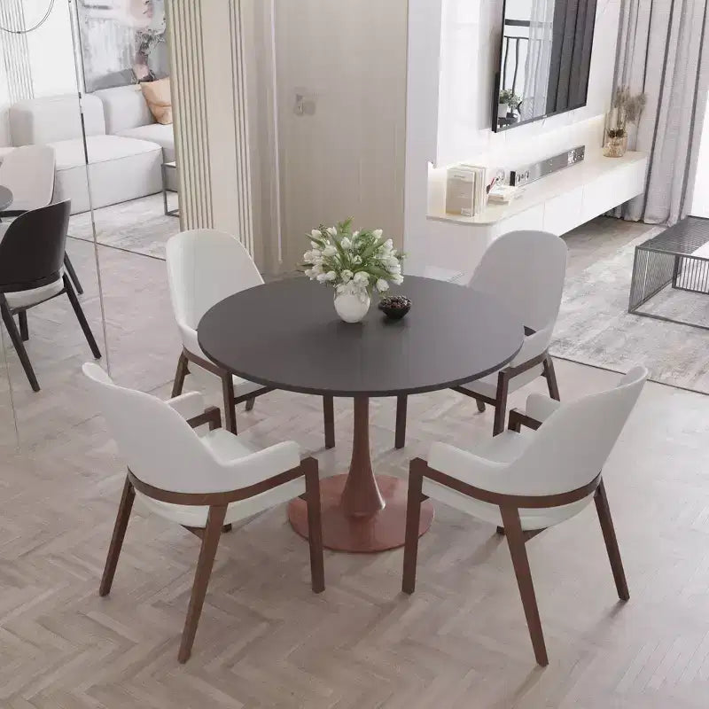 LeisureMod Bristol 35 Table de salle à manger ronde moderne Plateau en MDF durable et base en acier noyer à transfert de bois pour cuisine, salle à manger ou cafés