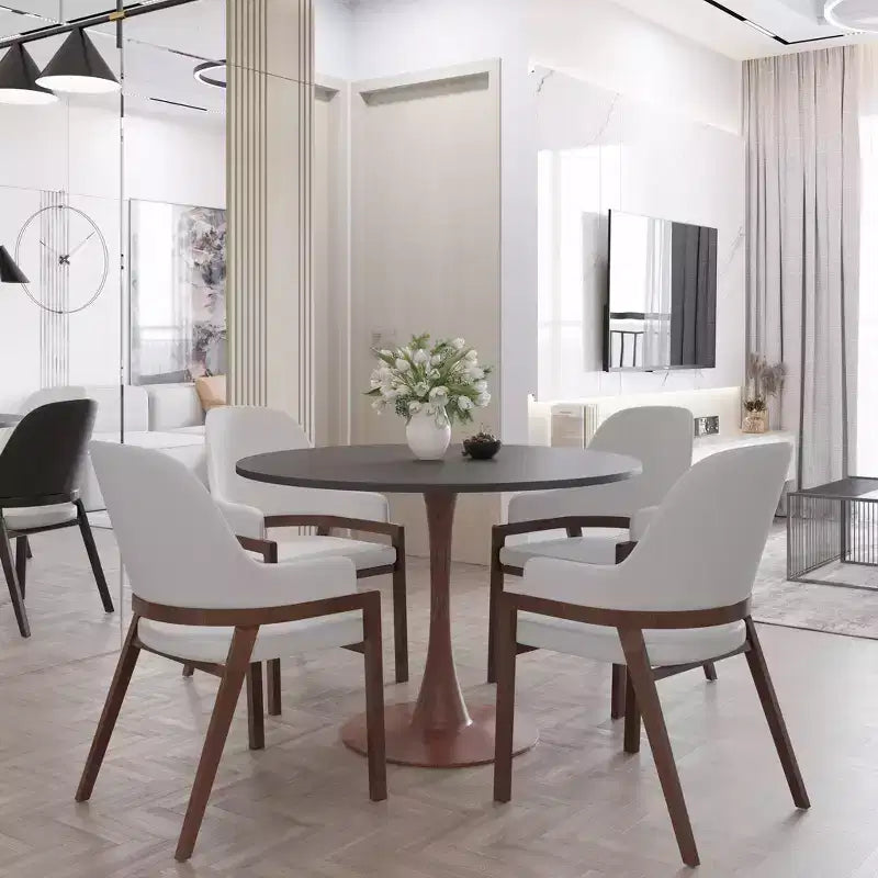 LeisureMod Bristol 35 Table de salle à manger ronde moderne Plateau en MDF durable et base en acier noyer à transfert de bois pour cuisine, salle à manger ou cafés