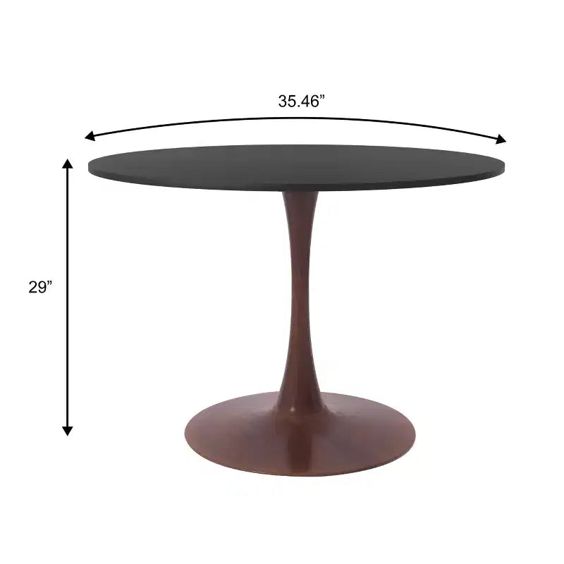 LeisureMod Bristol 35 Table de salle à manger ronde moderne Plateau en MDF durable et base en acier noyer à transfert de bois pour cuisine, salle à manger ou cafés