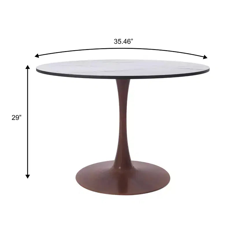 LeisureMod Bristol 35 Table de salle à manger ronde moderne Plateau en MDF durable et base en acier noyer à transfert de bois pour cuisine, salle à manger ou cafés