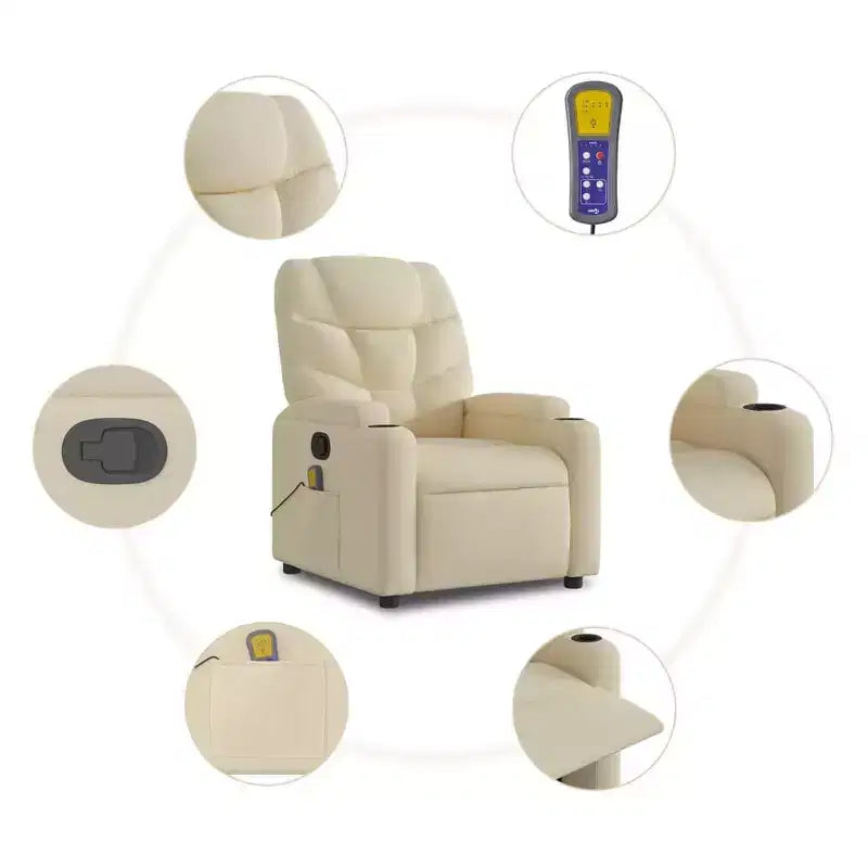 vidaXL Fauteuil inclinable en tissu crème - Massage vibrant 6 points, dossier et repose-pieds réglables
