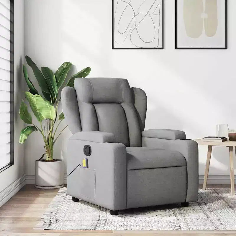 vidaXL Fauteuil inclinable de massage - Tissu gris clair, 6 points de vibration, inclinaison manuelle, porte-gobelets, fauteuil avec source d'alimentation USB