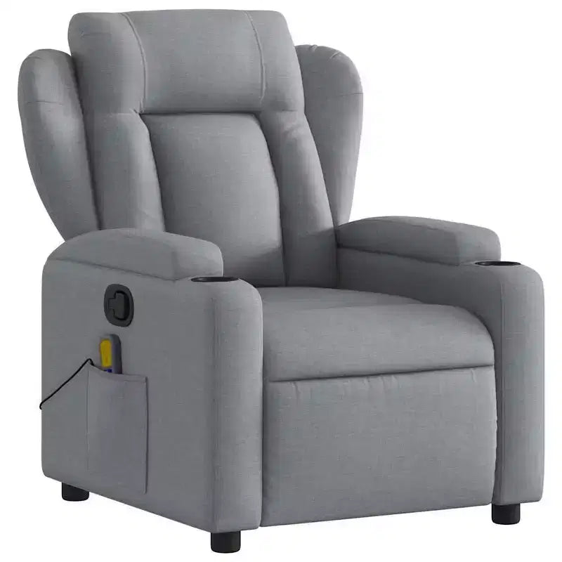 vidaXL Fauteuil inclinable de massage - Tissu gris clair, 6 points de vibration, inclinaison manuelle, porte-gobelets, fauteuil avec source d'alimentation USB