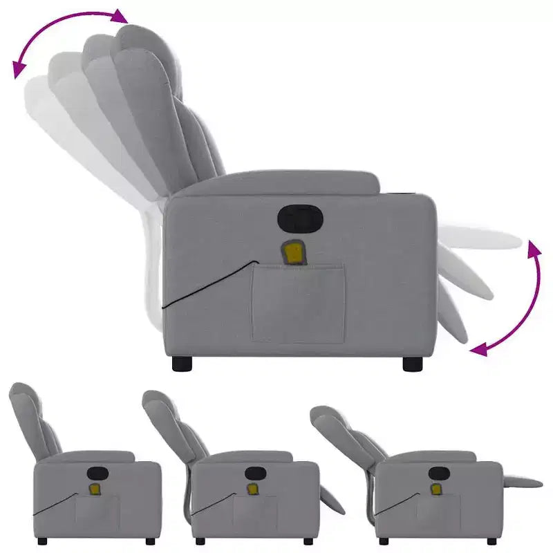 vidaXL Fauteuil inclinable de massage - Tissu gris clair, 6 points de vibration, inclinaison manuelle, porte-gobelets, fauteuil avec source d'alimentation USB