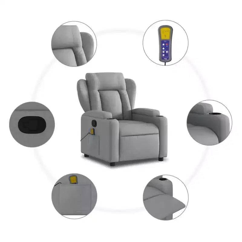 vidaXL Fauteuil inclinable de massage - Tissu gris clair, 6 points de vibration, inclinaison manuelle, porte-gobelets, fauteuil avec source d'alimentation USB