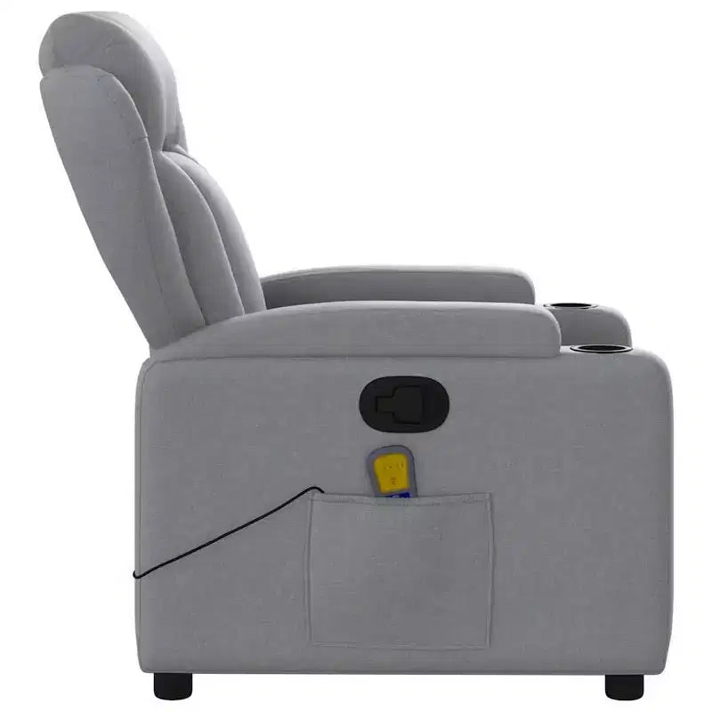 vidaXL Fauteuil inclinable de massage - Tissu gris clair, 6 points de vibration, inclinaison manuelle, porte-gobelets, fauteuil avec source d'alimentation USB