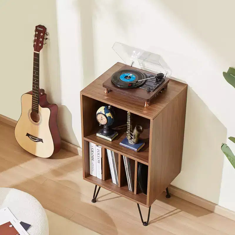 Meuble Support Platine Vinyle VEVOR, Meuble Platine Vinyle 3 Niveaux avec Rangement pour Disques Vinyles, Contient Jusqu'à 150 Albums, Meuble de Rangement pour Disques Vinyles avec Pieds en Métal, Marron