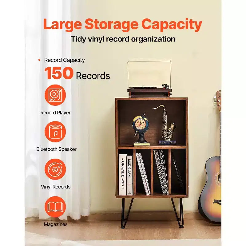Meuble Support Platine Vinyle VEVOR, Meuble Platine Vinyle 3 Niveaux avec Rangement pour Disques Vinyles, Contient Jusqu'à 150 Albums, Meuble de Rangement pour Disques Vinyles avec Pieds en Métal, Marron