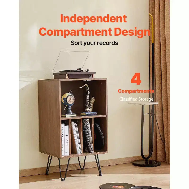 Meuble Support Platine Vinyle VEVOR, Meuble Platine Vinyle 3 Niveaux avec Rangement pour Disques Vinyles, Contient Jusqu'à 150 Albums, Meuble de Rangement pour Disques Vinyles avec Pieds en Métal, Marron