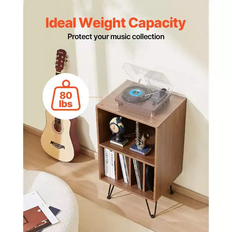 Meuble Support Platine Vinyle VEVOR, Meuble Platine Vinyle 3 Niveaux avec Rangement pour Disques Vinyles, Contient Jusqu'à 150 Albums, Meuble de Rangement pour Disques Vinyles avec Pieds en Métal, Marron