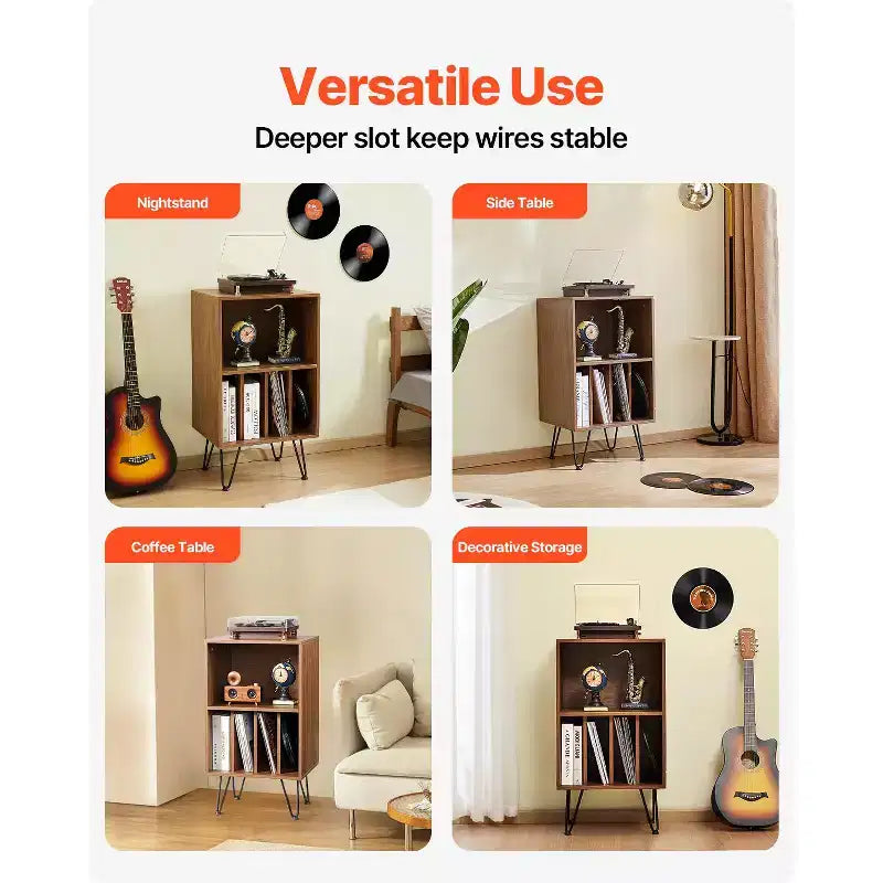 Meuble Support Platine Vinyle VEVOR, Meuble Platine Vinyle 3 Niveaux avec Rangement pour Disques Vinyles, Contient Jusqu'à 150 Albums, Meuble de Rangement pour Disques Vinyles avec Pieds en Métal, Marron