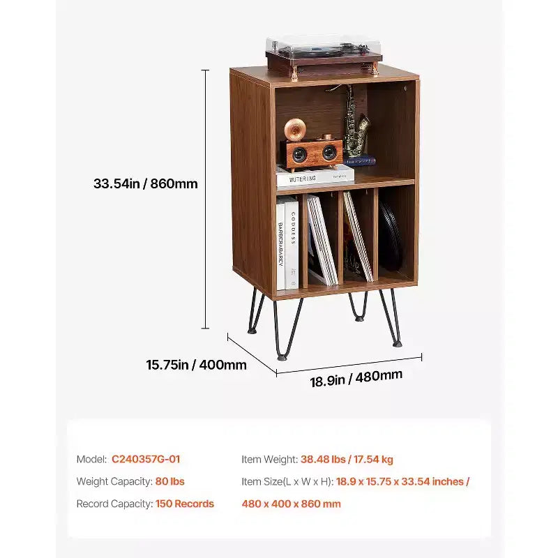 Meuble Support Platine Vinyle VEVOR, Meuble Platine Vinyle 3 Niveaux avec Rangement pour Disques Vinyles, Contient Jusqu'à 150 Albums, Meuble de Rangement pour Disques Vinyles avec Pieds en Métal, Marron