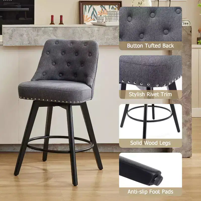 Lot de 2 tabourets de bar hauteur comptoir, tabourets de bar modernes pivotants avec dossier et pieds en bois, hauteur d'assise 66 cm, tabourets de bar rembourrés pour cuisine