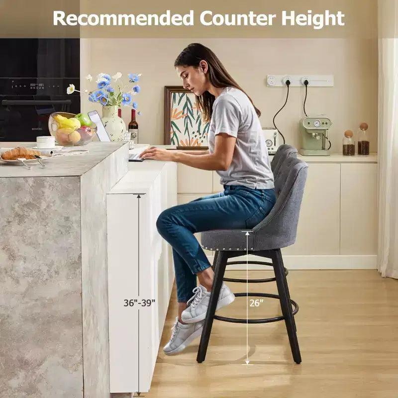 Lot de 2 tabourets de bar hauteur comptoir, tabourets de bar modernes pivotants avec dossier et pieds en bois, hauteur d'assise 66 cm, tabourets de bar rembourrés pour cuisine