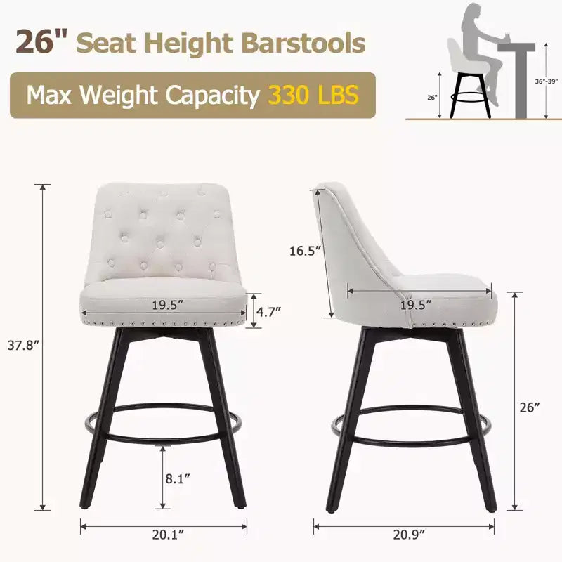 Lot de 2 tabourets de bar hauteur comptoir, tabourets de bar modernes pivotants avec dossier et pieds en bois, hauteur d'assise 66 cm, tabourets de bar rembourrés pour cuisine
