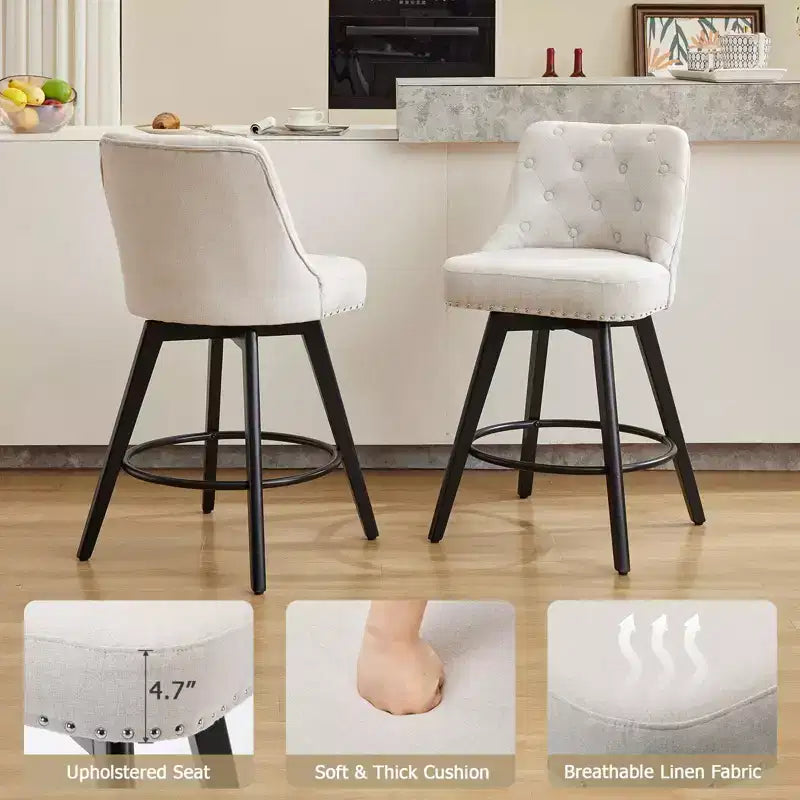 Lot de 2 tabourets de bar hauteur comptoir, tabourets de bar modernes pivotants avec dossier et pieds en bois, hauteur d'assise 66 cm, tabourets de bar rembourrés pour cuisine