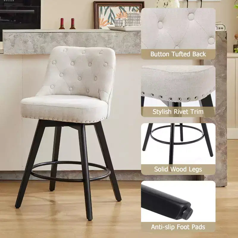 Lot de 2 tabourets de bar hauteur comptoir, tabourets de bar modernes pivotants avec dossier et pieds en bois, hauteur d'assise 66 cm, tabourets de bar rembourrés pour cuisine