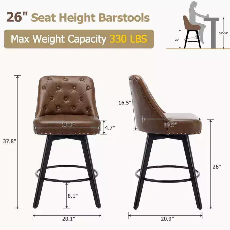 Lot de 2 tabourets de bar hauteur comptoir, tabourets de bar modernes pivotants avec dossier et pieds en bois, hauteur d'assise 66 cm, tabourets de bar rembourrés pour cuisine