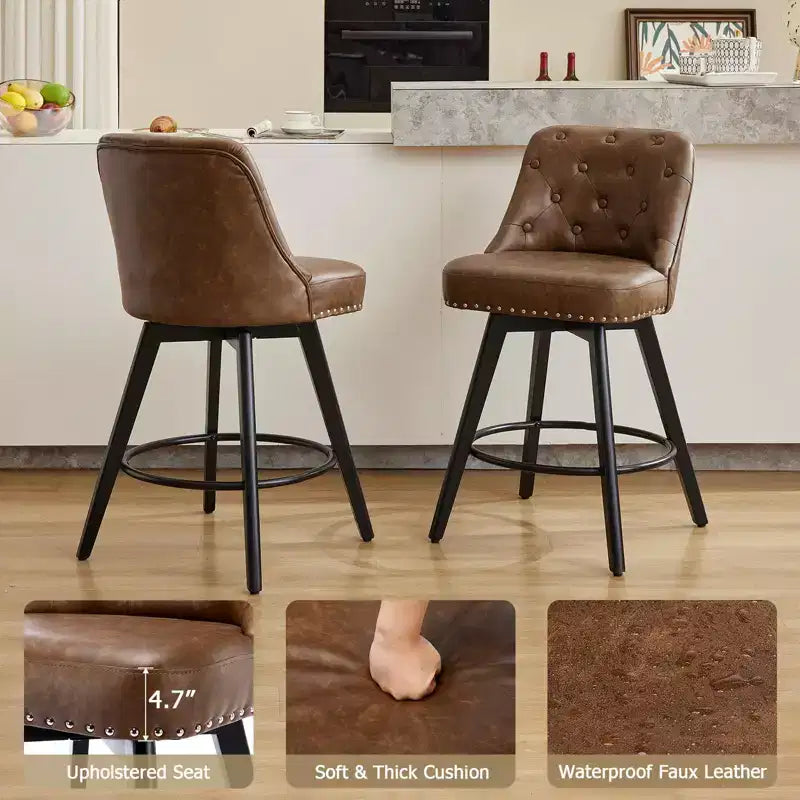 Lot de 2 tabourets de bar hauteur comptoir, tabourets de bar modernes pivotants avec dossier et pieds en bois, hauteur d'assise 66 cm, tabourets de bar rembourrés pour cuisine