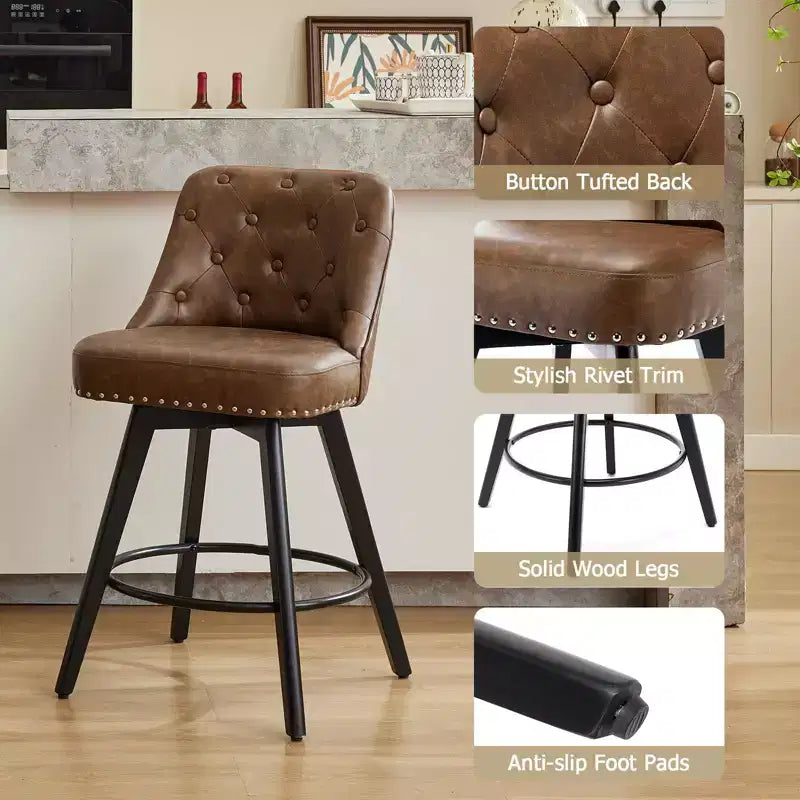 Lot de 2 tabourets de bar hauteur comptoir, tabourets de bar modernes pivotants avec dossier et pieds en bois, hauteur d'assise 66 cm, tabourets de bar rembourrés pour cuisine