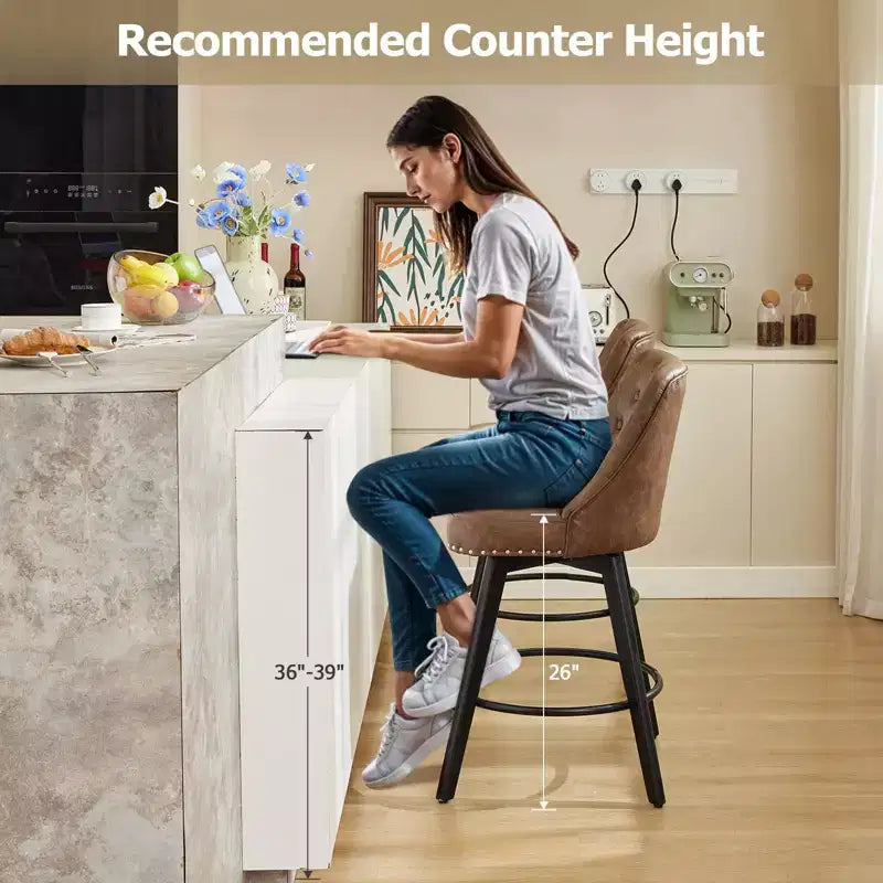 Lot de 2 tabourets de bar hauteur comptoir, tabourets de bar modernes pivotants avec dossier et pieds en bois, hauteur d'assise 66 cm, tabourets de bar rembourrés pour cuisine