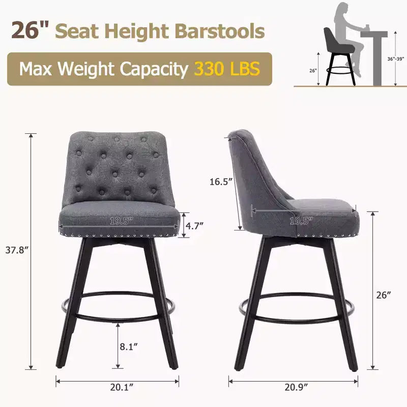 Lot de 2 tabourets de bar hauteur comptoir, tabourets de bar modernes pivotants avec dossier et pieds en bois, hauteur d'assise 66 cm, tabourets de bar rembourrés pour cuisine
