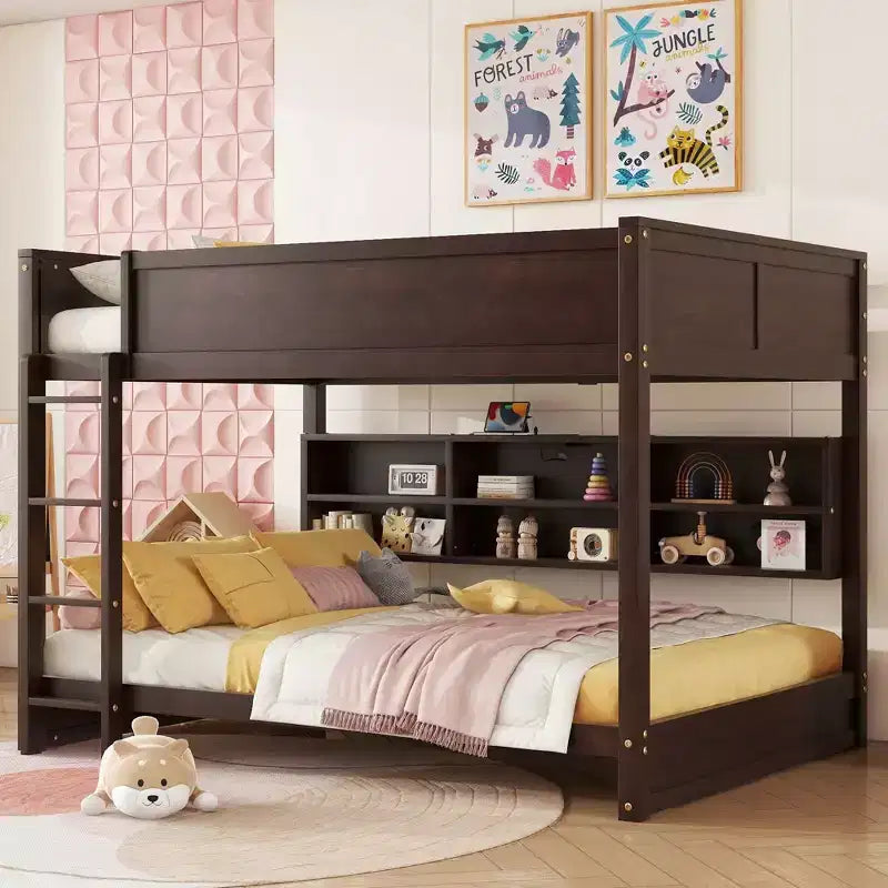 Whisen Queen Over Queen Bunk Bed with Built-in Storage Cabinets