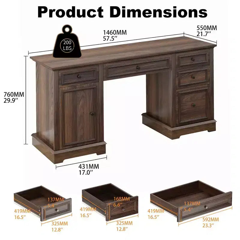 Bureau administratif Dyonery, bureau informatique en bois avec tiroirs et armoires, pour la maison, le bureau, le travail, l'écriture, bureau à domicile blanc antique pour le travail