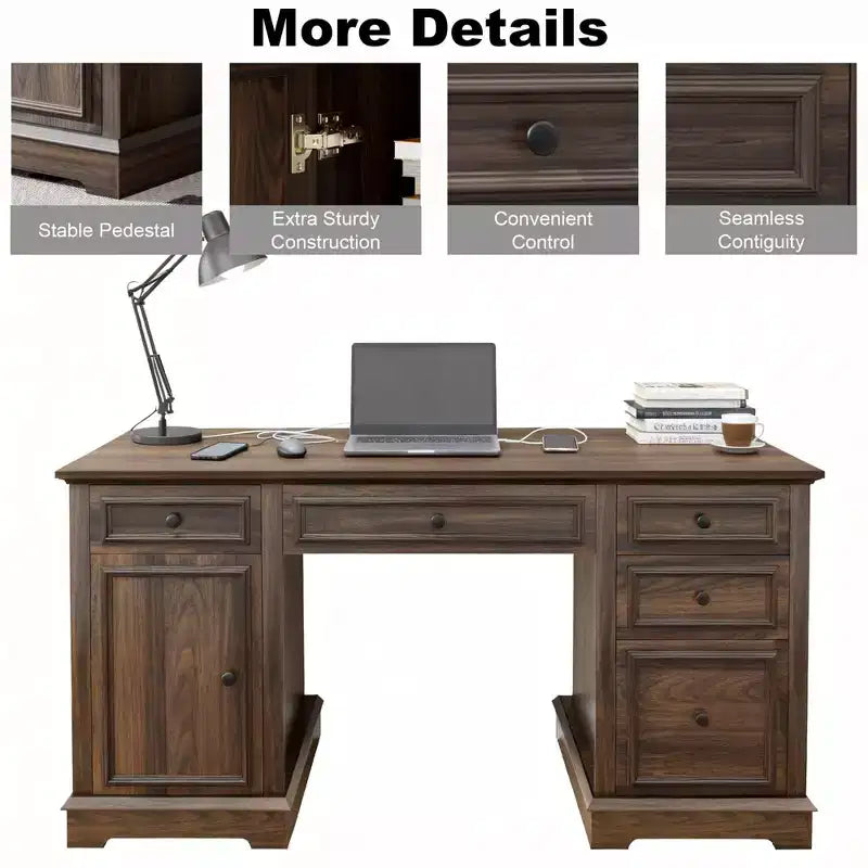 Bureau administratif Dyonery, bureau informatique en bois avec tiroirs et armoires, pour la maison, le bureau, le travail, l'écriture, bureau à domicile blanc antique pour le travail