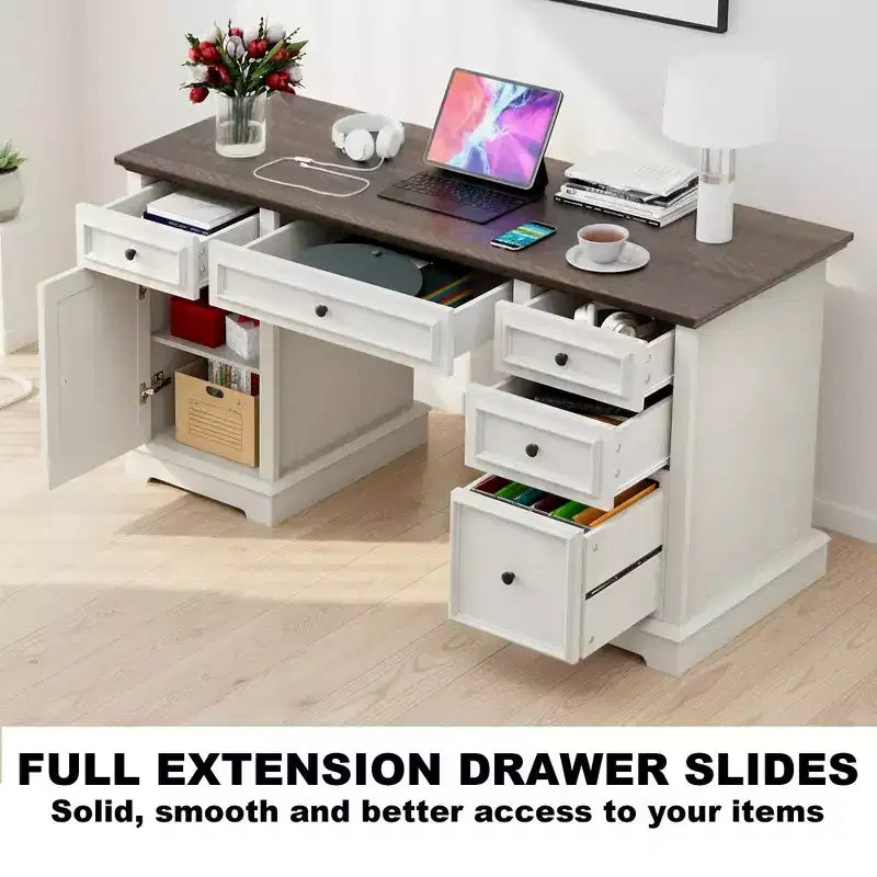 Bureau administratif Dyonery, bureau informatique en bois avec tiroirs et armoires, pour la maison, le bureau, le travail, l'écriture, bureau à domicile blanc antique pour le travail