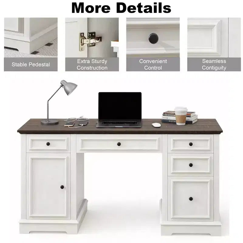 Bureau administratif Dyonery, bureau informatique en bois avec tiroirs et armoires, pour la maison, le bureau, le travail, l'écriture, bureau à domicile blanc antique pour le travail