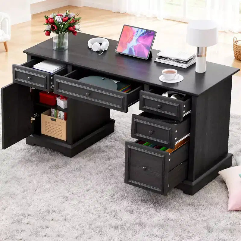 Bureau administratif Dyonery, bureau informatique en bois avec tiroirs et armoires, pour la maison, le bureau, le travail, l'écriture, bureau à domicile blanc antique pour le travail