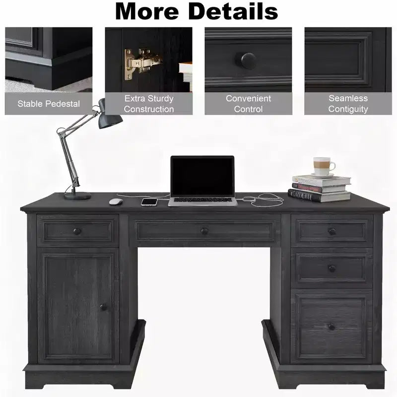 Bureau administratif Dyonery, bureau informatique en bois avec tiroirs et armoires, pour la maison, le bureau, le travail, l'écriture, bureau à domicile blanc antique pour le travail