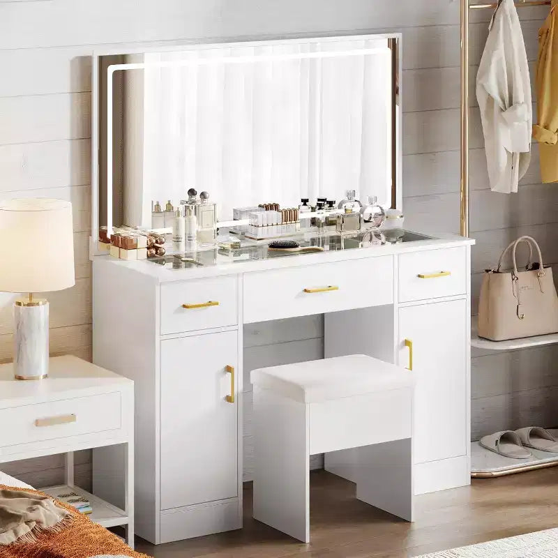 WAYES 43.3 Clear Glass Top Makeup Vanity Desk Set with LED Mirror, Charging Station, and Storage Stool - Modern White