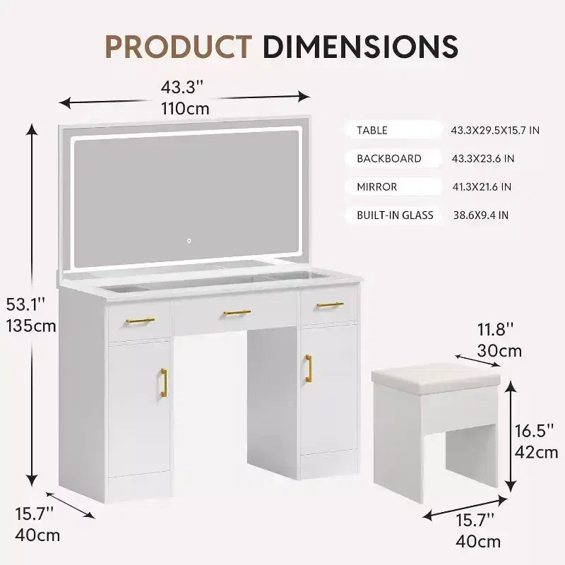WAYES 43.3 Coiffeuse avec plateau en verre transparent, miroir LED, station de recharge et tabouret de rangement - Blanc moderne