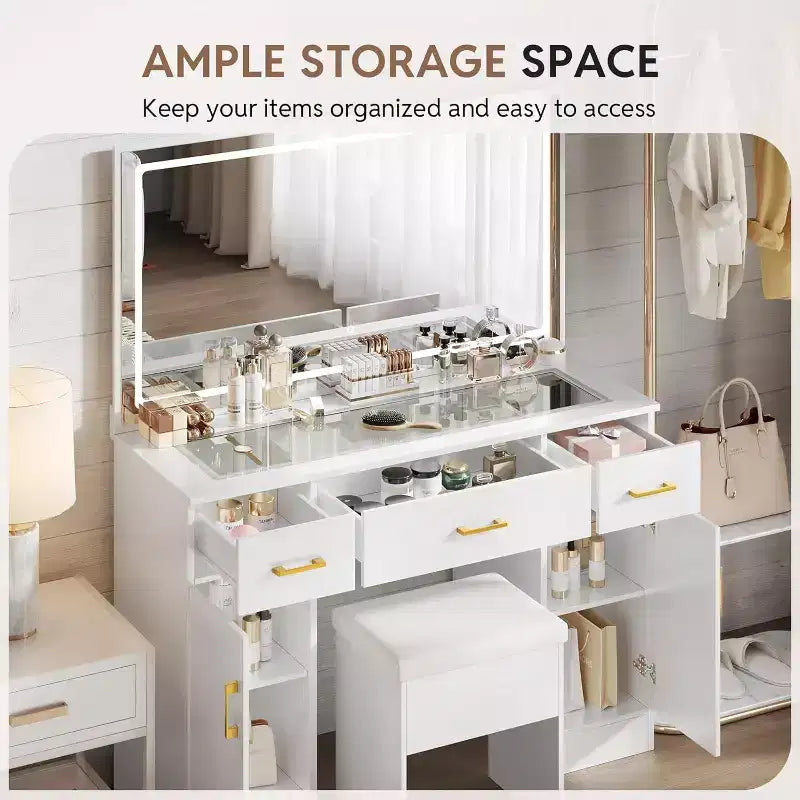 WAYES 43.3 Coiffeuse avec plateau en verre transparent, miroir LED, station de recharge et tabouret de rangement - Blanc moderne