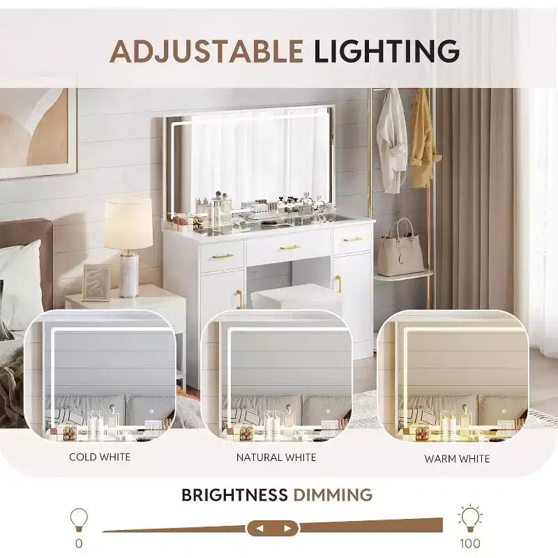 WAYES 43.3 Coiffeuse avec plateau en verre transparent, miroir LED, station de recharge et tabouret de rangement - Blanc moderne