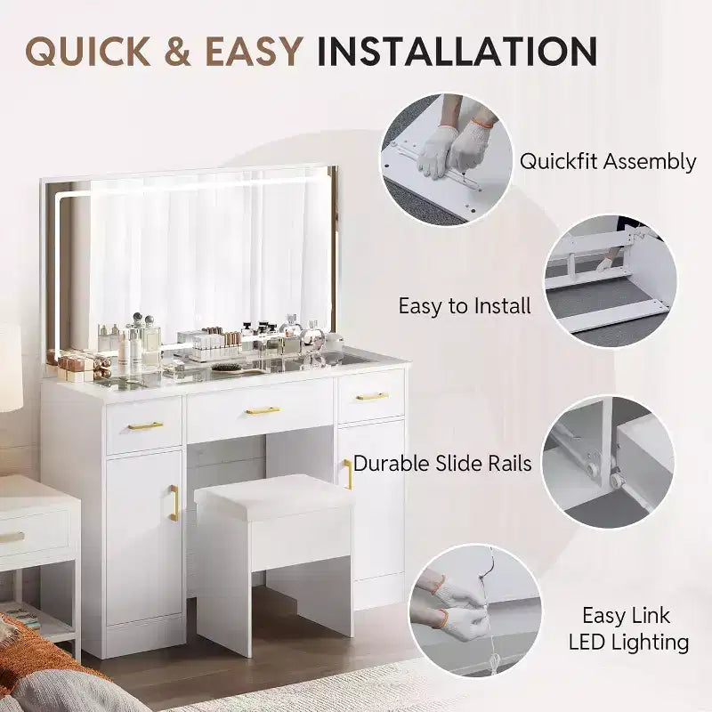 WAYES 43.3 Coiffeuse avec plateau en verre transparent, miroir LED, station de recharge et tabouret de rangement - Blanc moderne