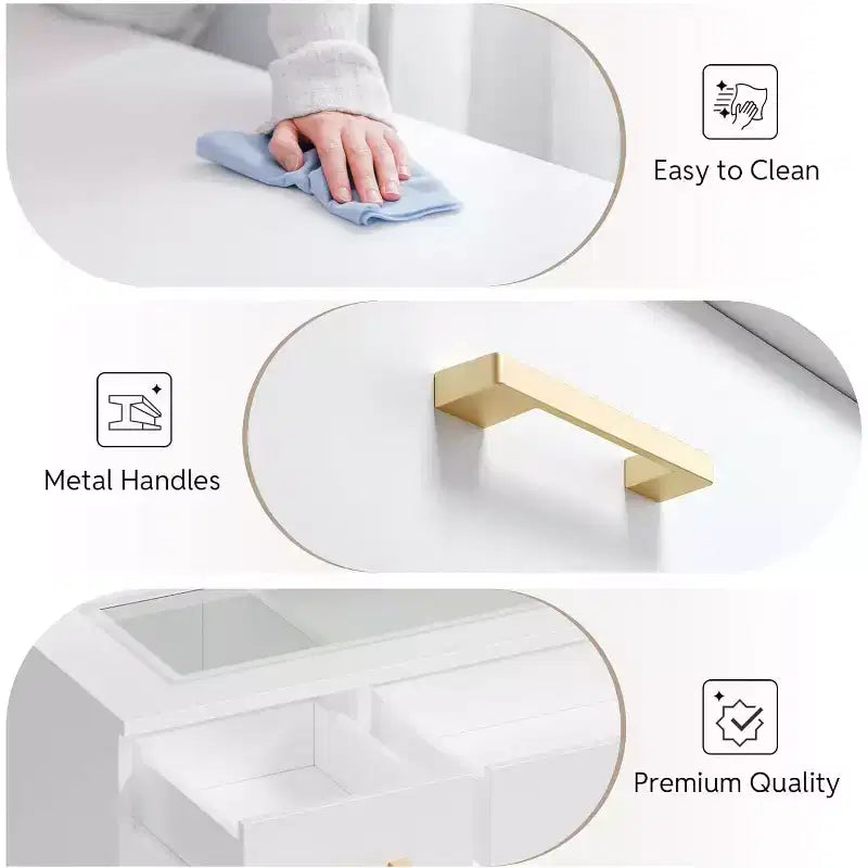 WAYES 43.3 Coiffeuse avec plateau en verre transparent, miroir LED, station de recharge et tabouret de rangement - Blanc moderne