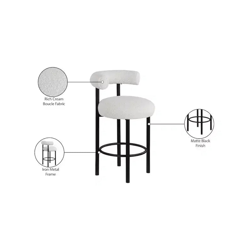 Meridian Furniture, Tabouret en tissu bouclé crème Bordeaux, Lot de 2
