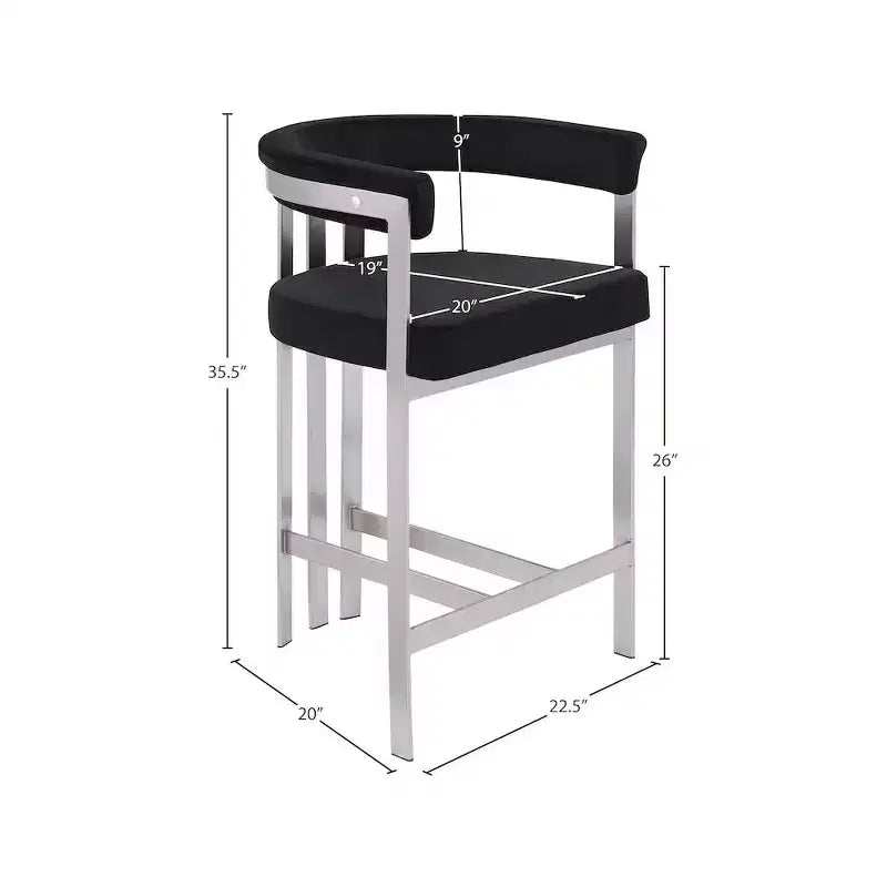 Meridian Furniture, Tabouret de comptoir Marcello en velours noir, Ensemble de 2