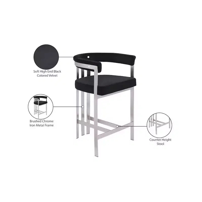 Meridian Furniture, Tabouret de comptoir Marcello en velours noir, Ensemble de 2