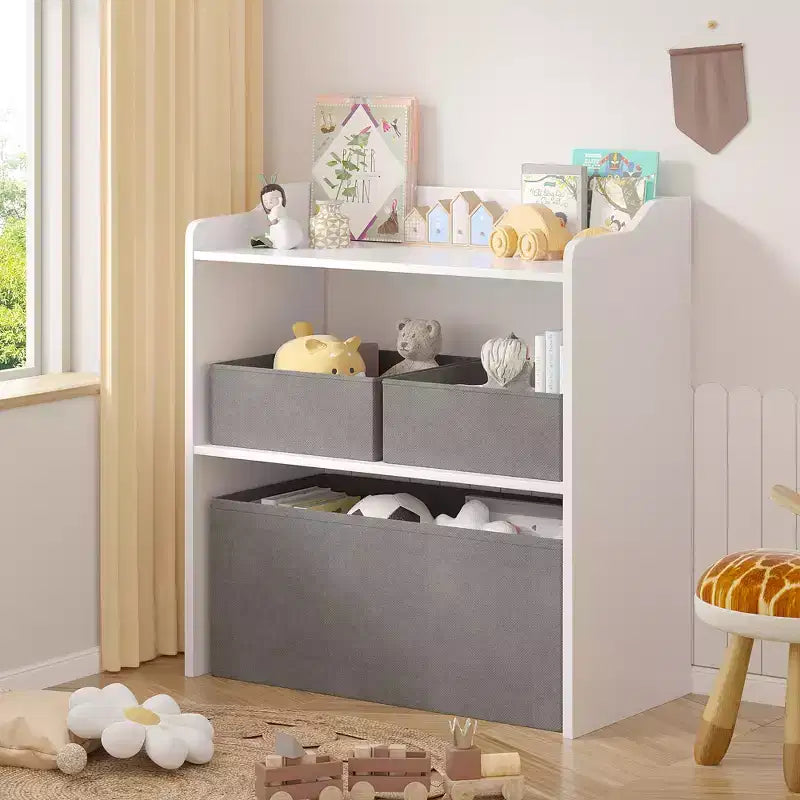 VECELO Toy Organizer with 3 Gray Fabric Bins, Kids Storage Shelf, Easy Assembly, White