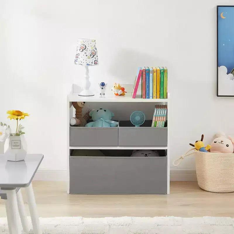 Rangement de jouets VECELO avec 3 bacs en tissu gris, étagère de rangement pour enfants, montage facile, blanc