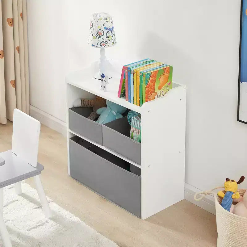 Rangement de jouets VECELO avec 3 bacs en tissu gris, étagère de rangement pour enfants, montage facile, blanc
